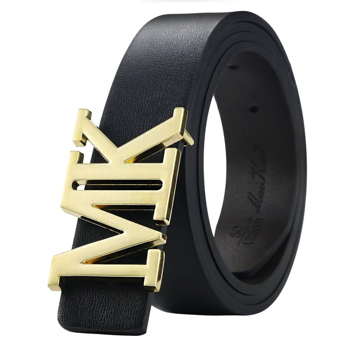 Black leather dress belt with wide gold MK logo buckle and textured strap
