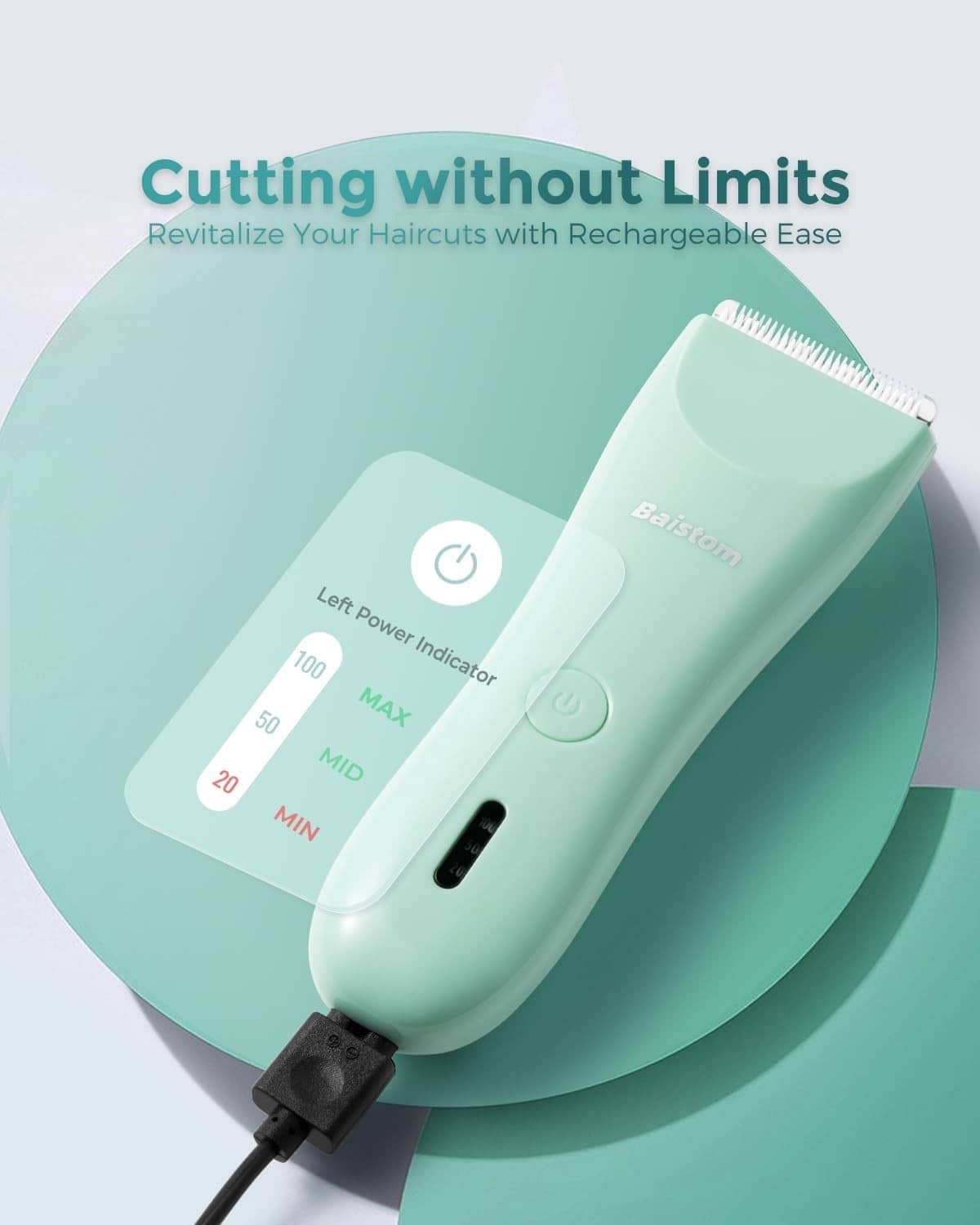 Mint teal rechargeable hair clipper with power indicator lights