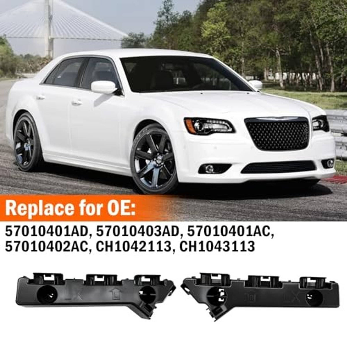 Black plastic front bumper bracket pair with mounting tabs and circular openings