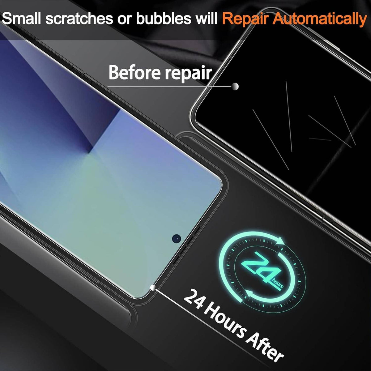 Transparent screen protector film that automatically repairs small scratches or bubbles
