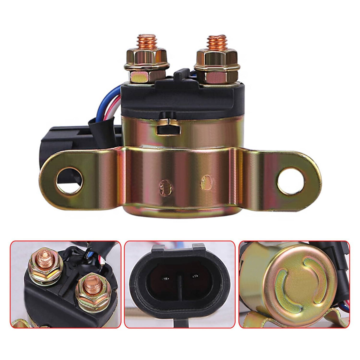 Starter solenoid relay switch close-up of two copper posts and black connector