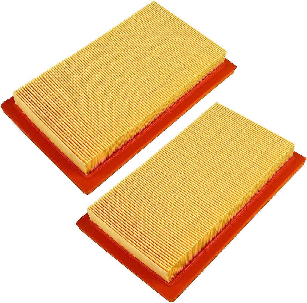 Pleated air filter element with yellow paper media and orange plastic frame, two-pack