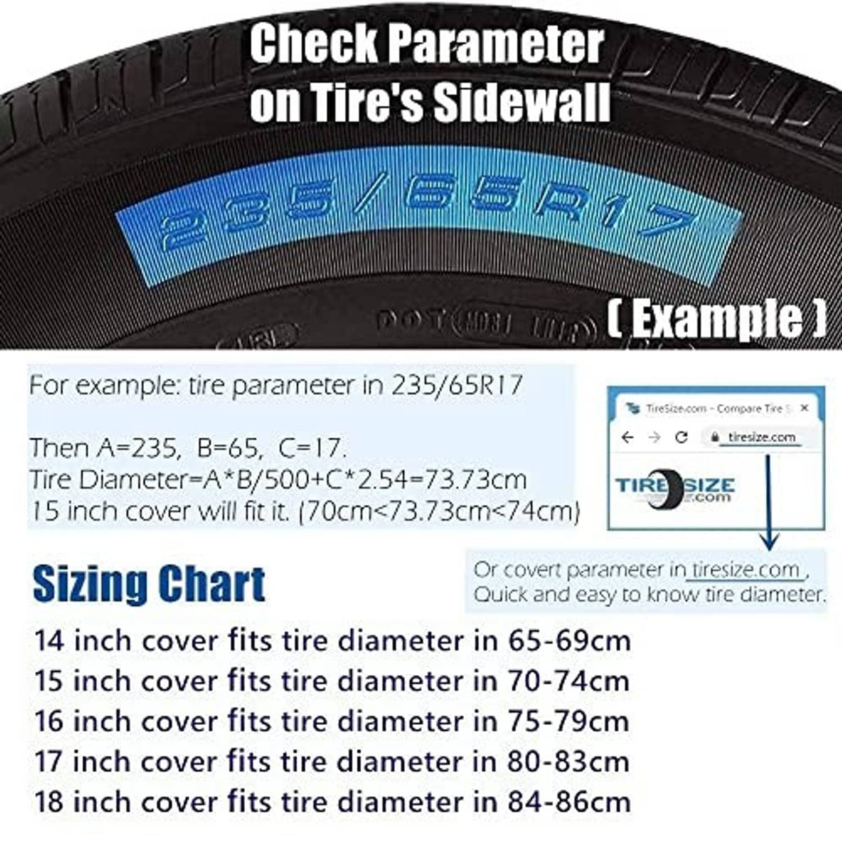 Spare tire cover sizing chart with tire sidewall measurement guidance for fit