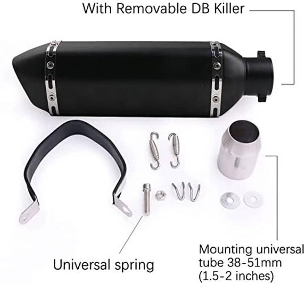 Universal matte black exhaust muffler kit with removable DB killer, spring, and mounting band