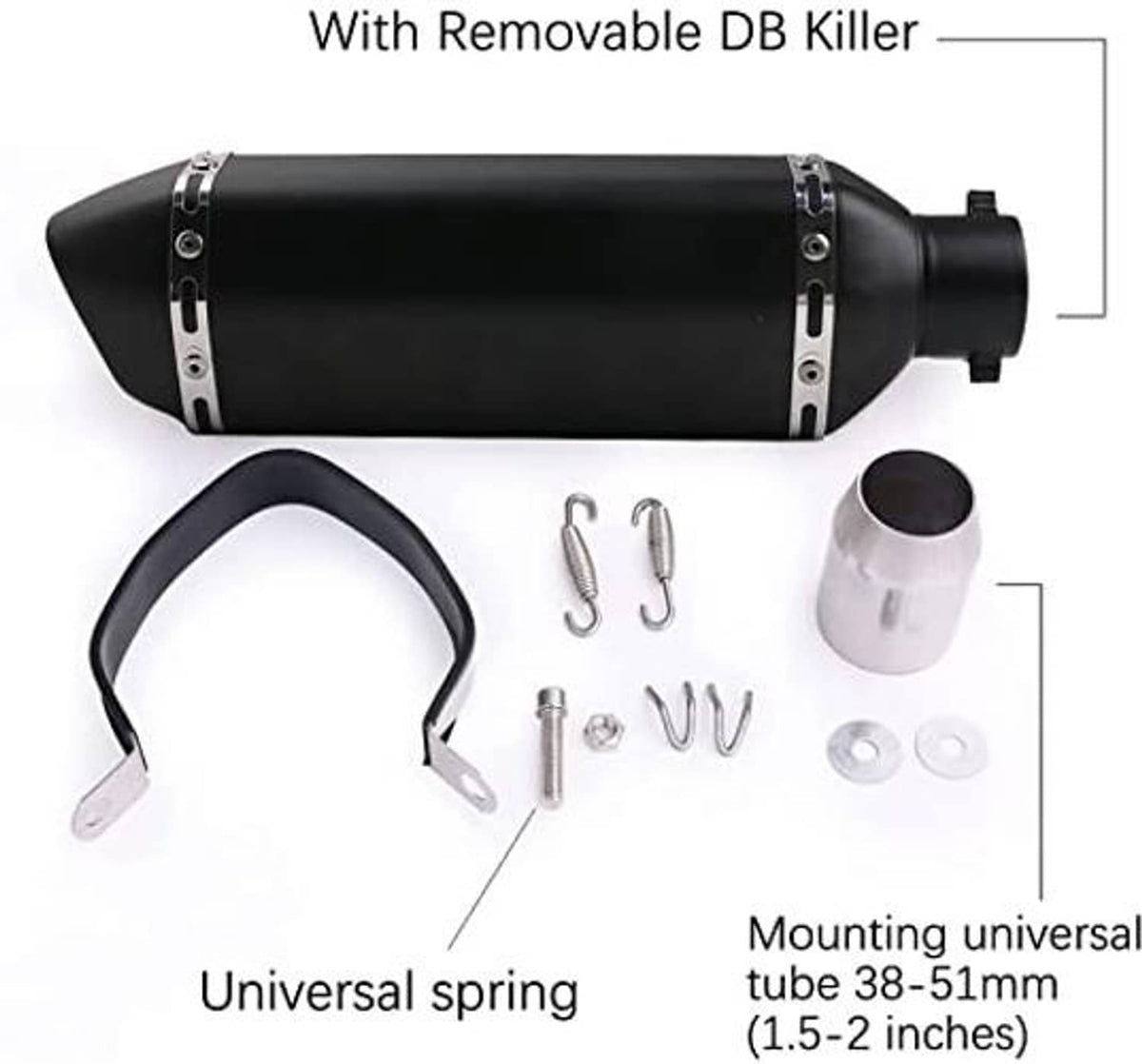 Universal matte black exhaust muffler kit with removable DB killer, spring, and mounting band