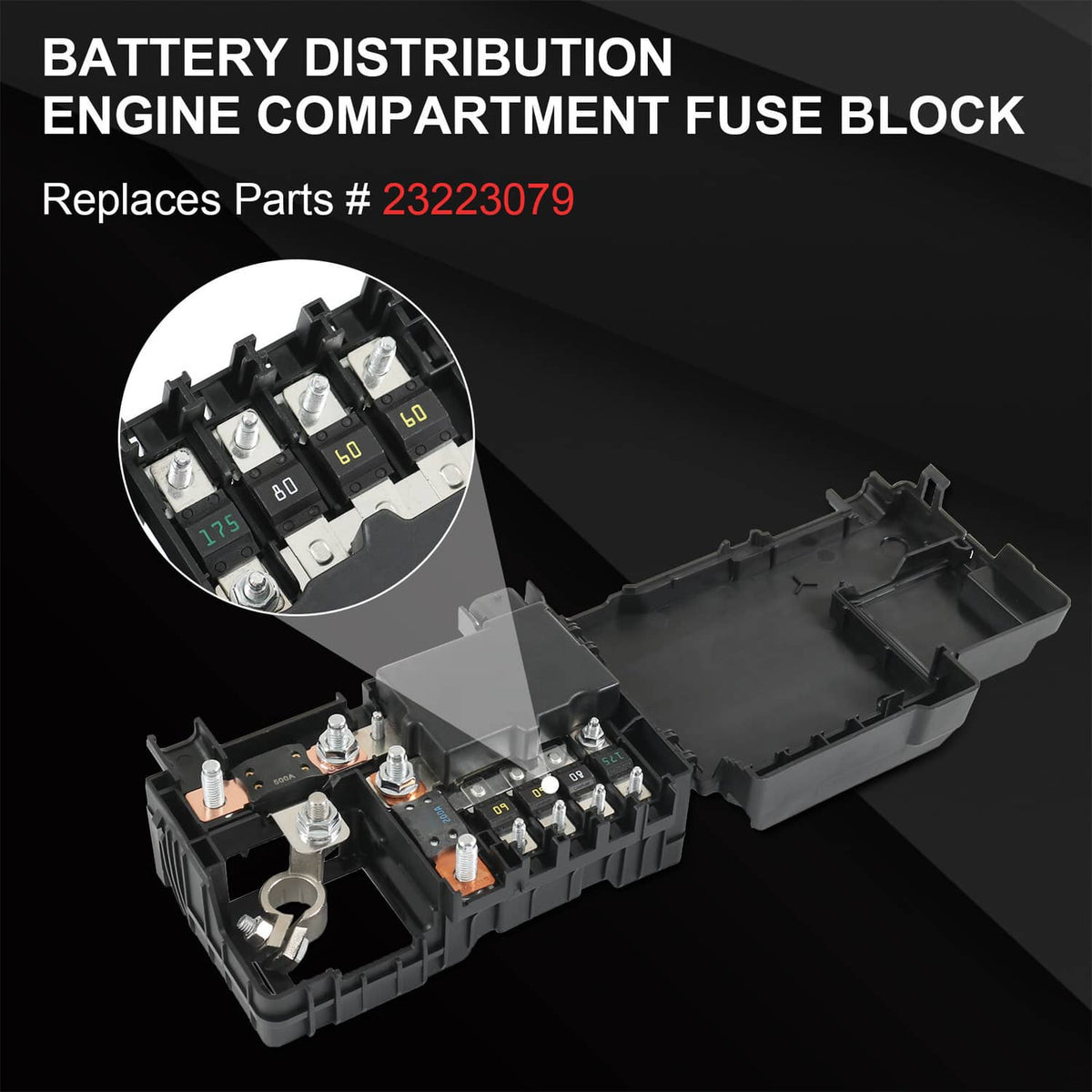 Engine compartment fuse block with exposed fuse slots and battery distribution terminals