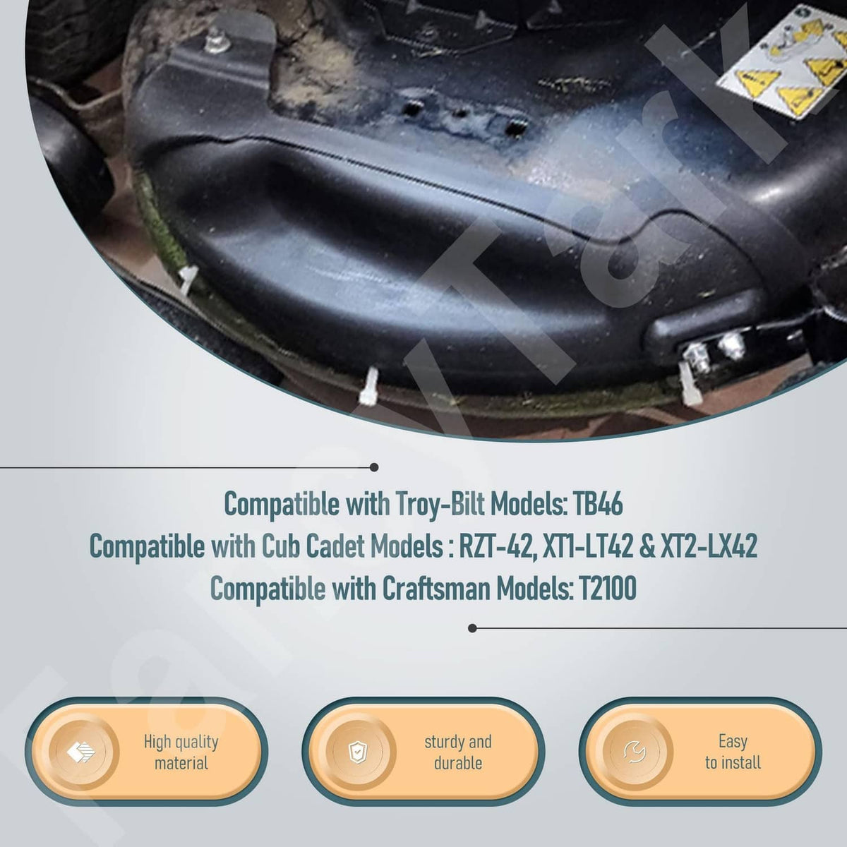 Black mulch plug cover for mower deck underside with mounting stud
