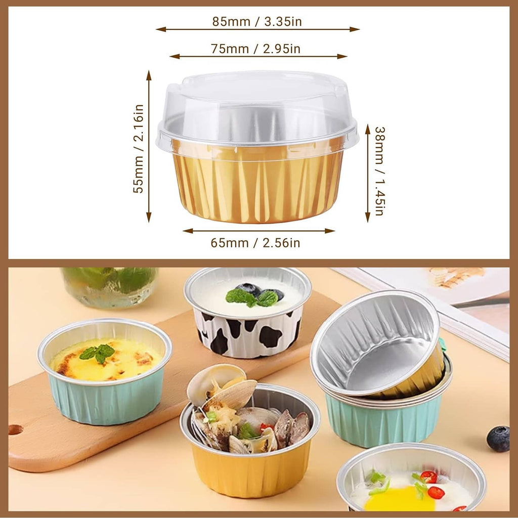 Gold disposable ramekin with clear round lid, shown with height and width