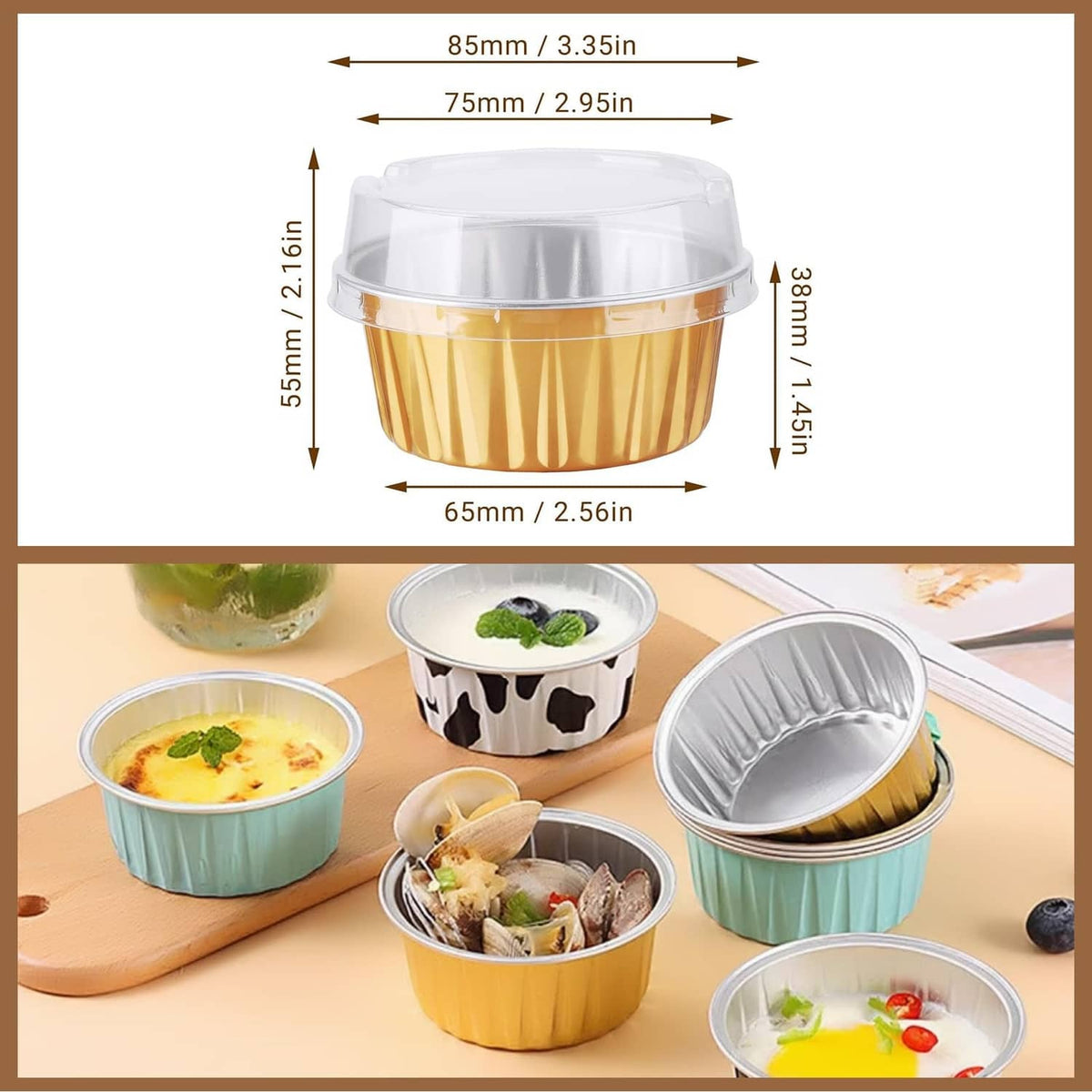 Gold disposable ramekin with clear round lid, shown with height and width