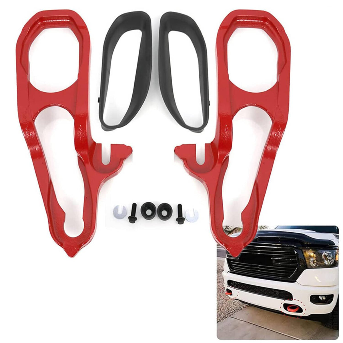 Red front tow hooks with mounting screws, plus black protective brackets