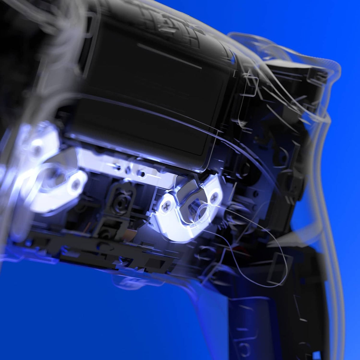 PS5 Edge controller back interior showing back paddle mechanism and metal mounting parts