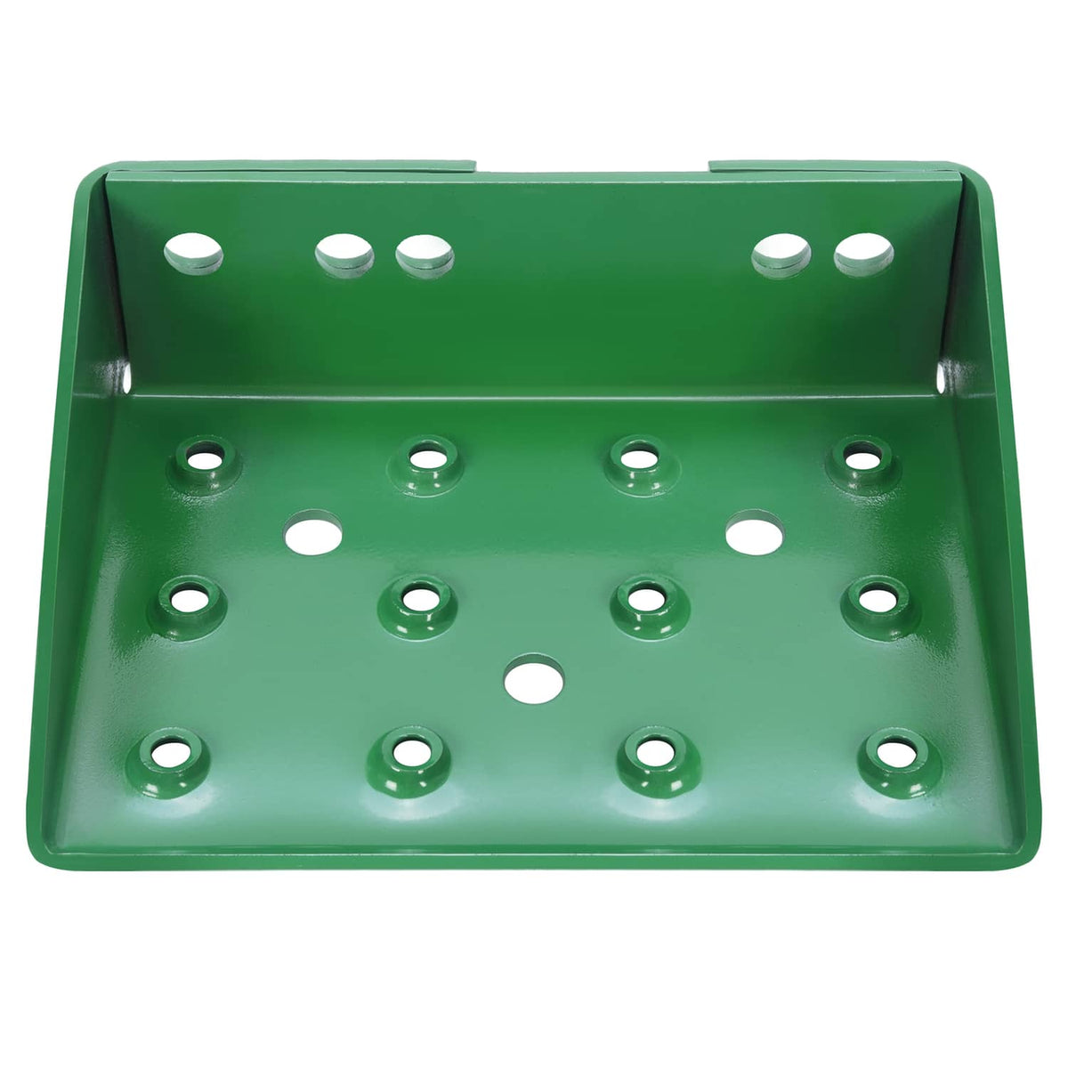 Green metal tractor side step platform with multiple mounting and traction holes