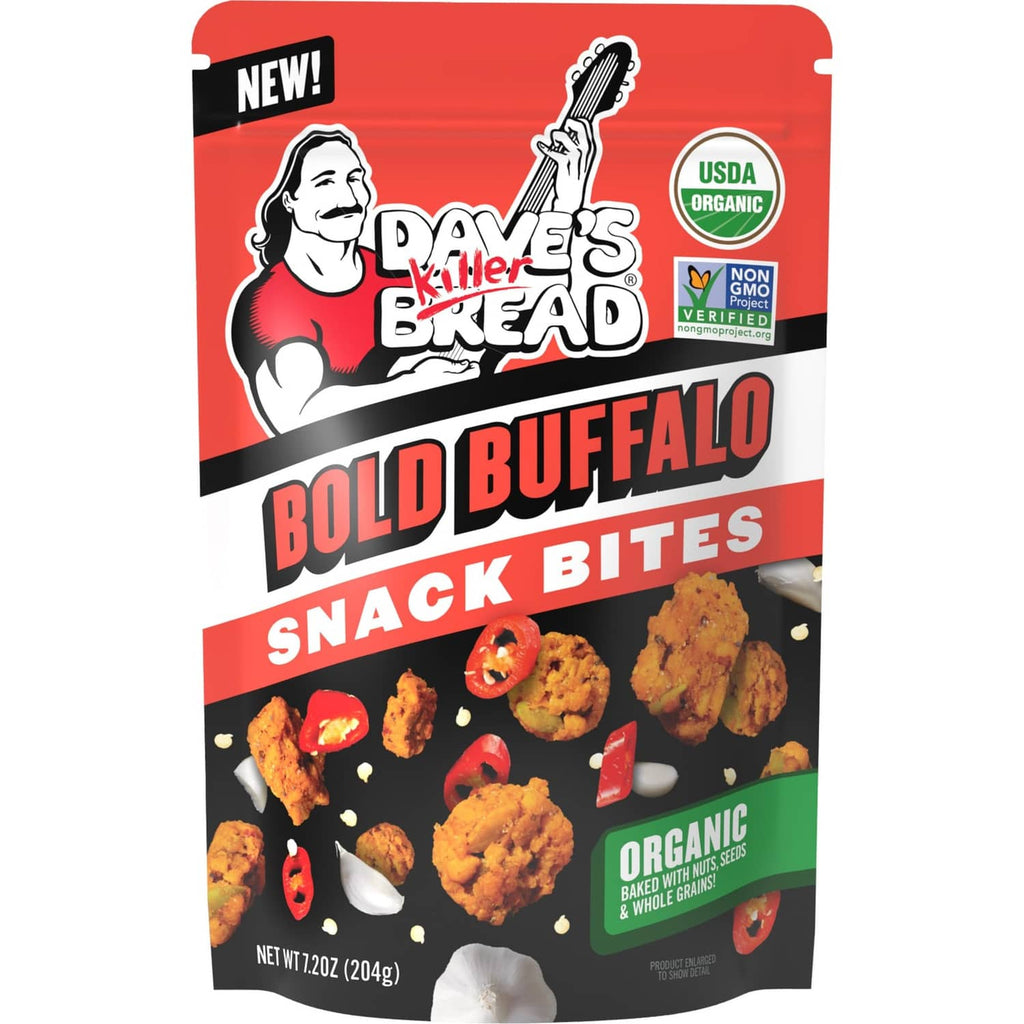 Dave's Killer Bread Bold Buffalo snack bites bag with organic whole grain graphics