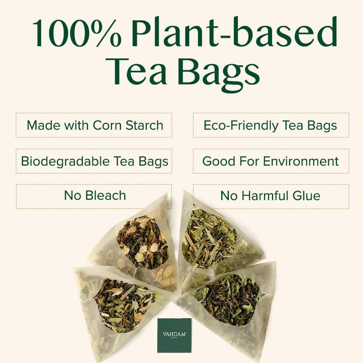 100% plant-based jasmine green tea with four biodegradable tea bag pouches