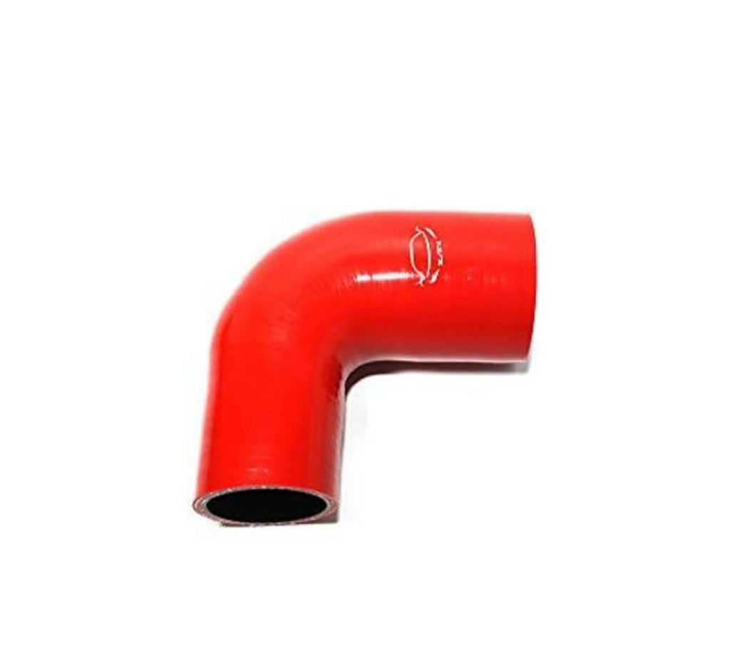 Red 90-degree silicone hose elbow, black inner opening at the bend.