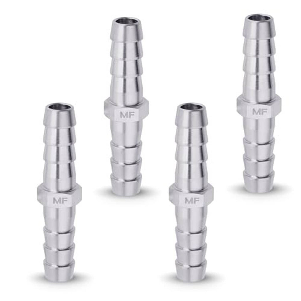 Four stainless steel hose barb fittings shown from front, 5/16 in x 5/16 in barbs