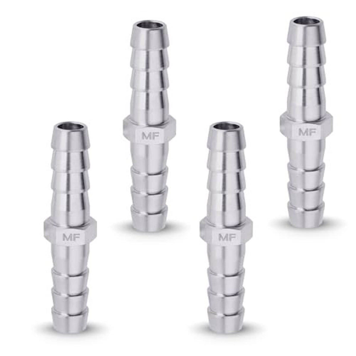 Four stainless steel hose barb fittings shown from front, 5/16 in x 5/16 in barbs