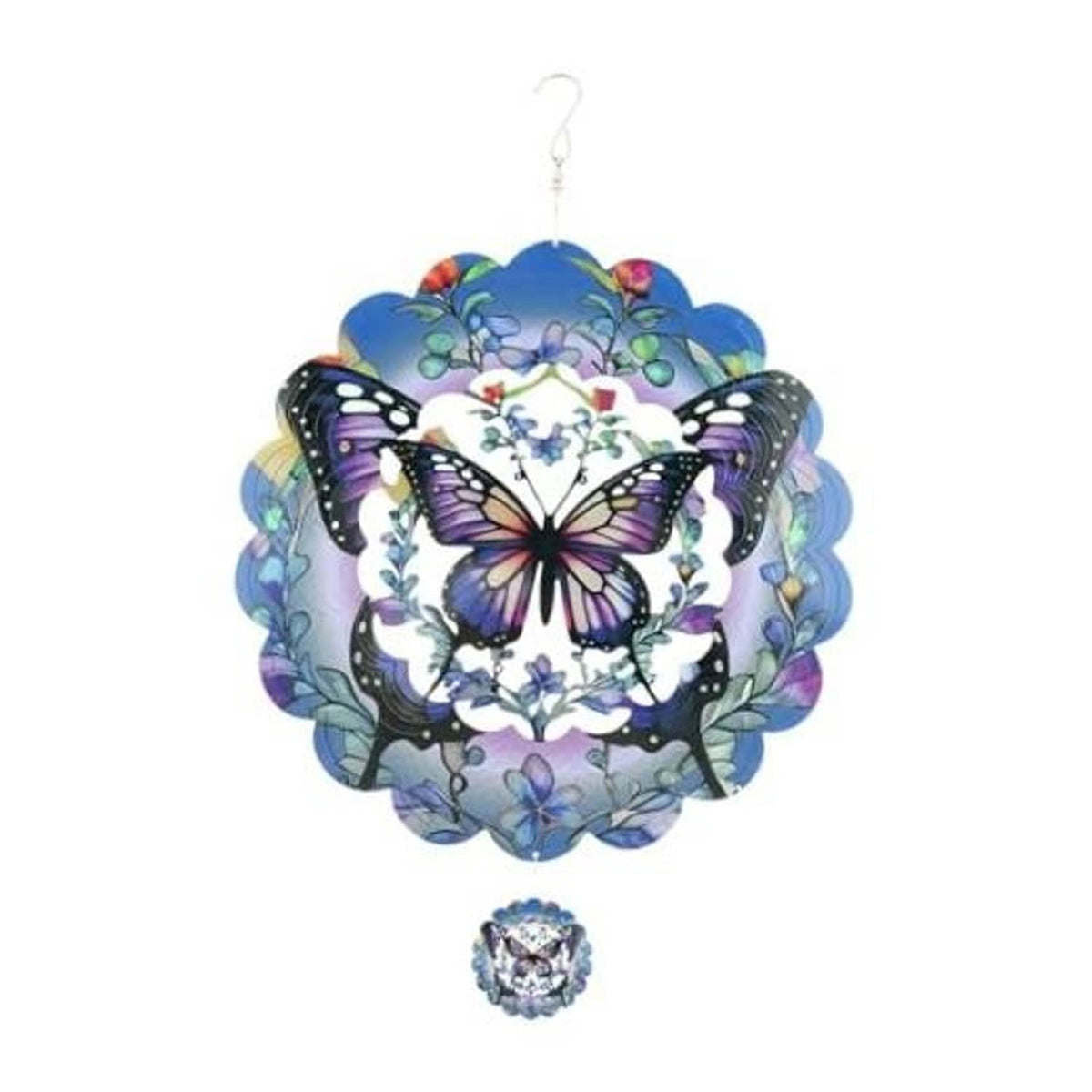 Butterfly wind spinner with purple butterfly center and reflective stainless-steel hanging charm