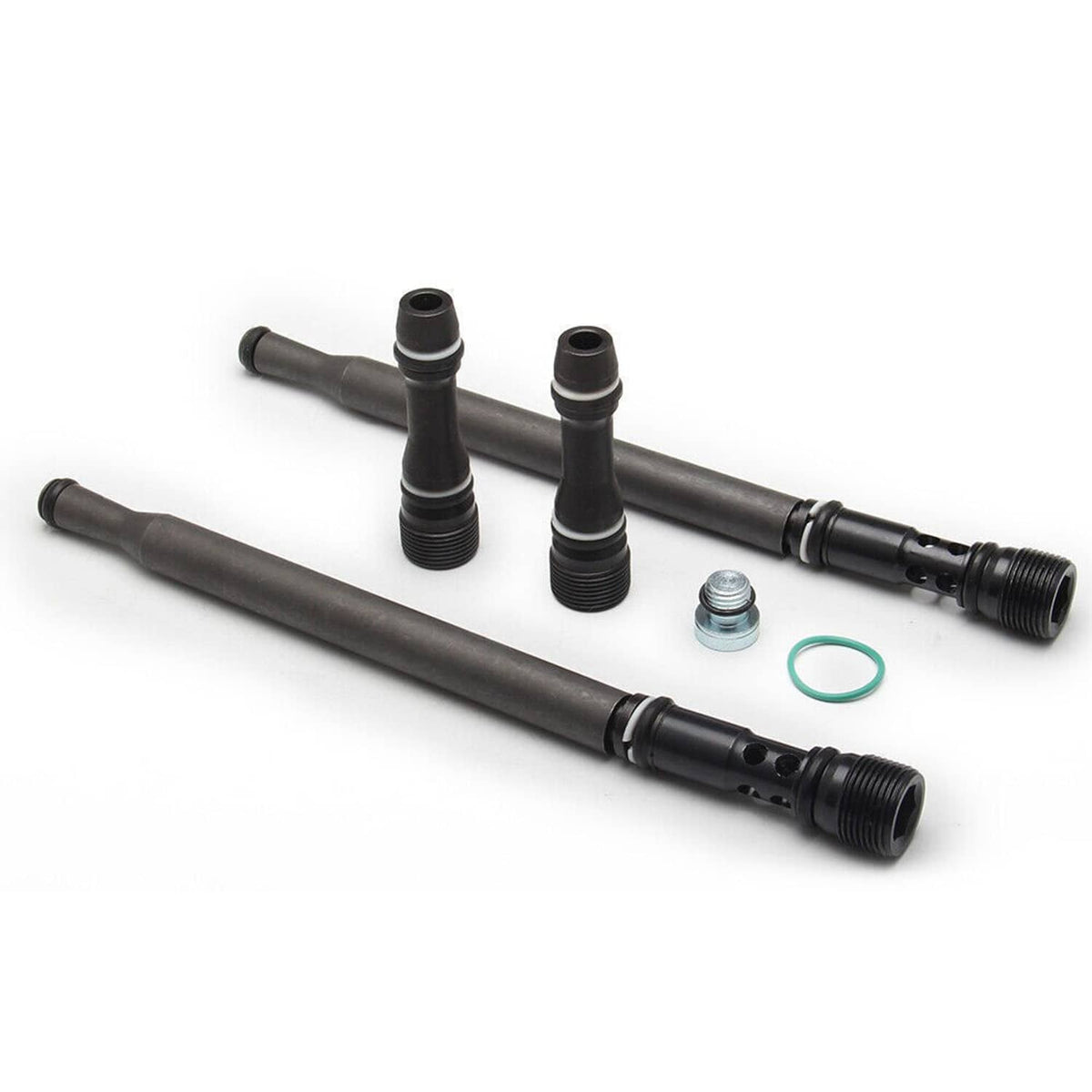 Fuel stand pipe dummy plug kit: two grey/black pipes, caps, O-ring, metal washer
