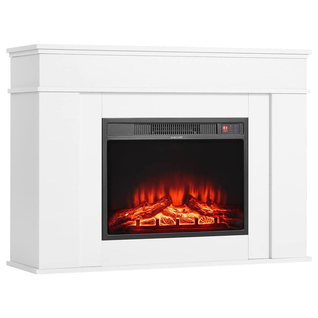 White freestanding electric fireplace mantel with red flame display and control bar