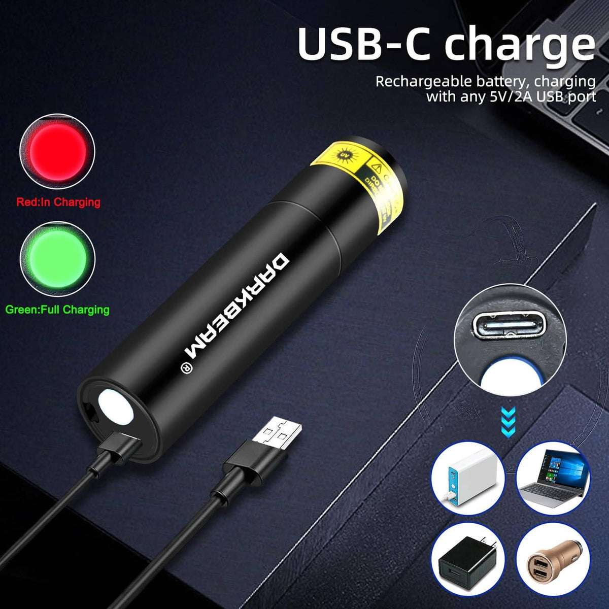 Black USB-C rechargeable UV flashlight with red and green charging indicators