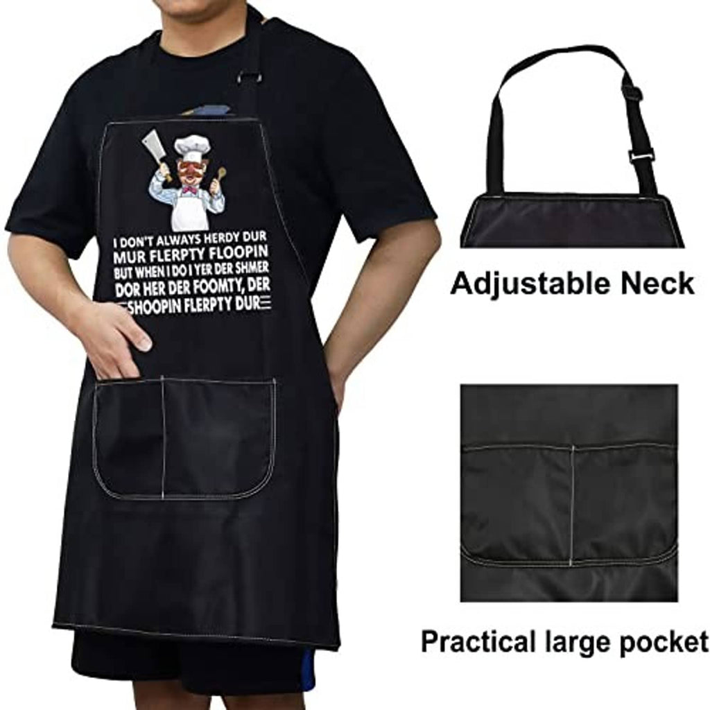 Black kitchen apron with adjustable neck and practical large pocket, chef graphic on chest.
