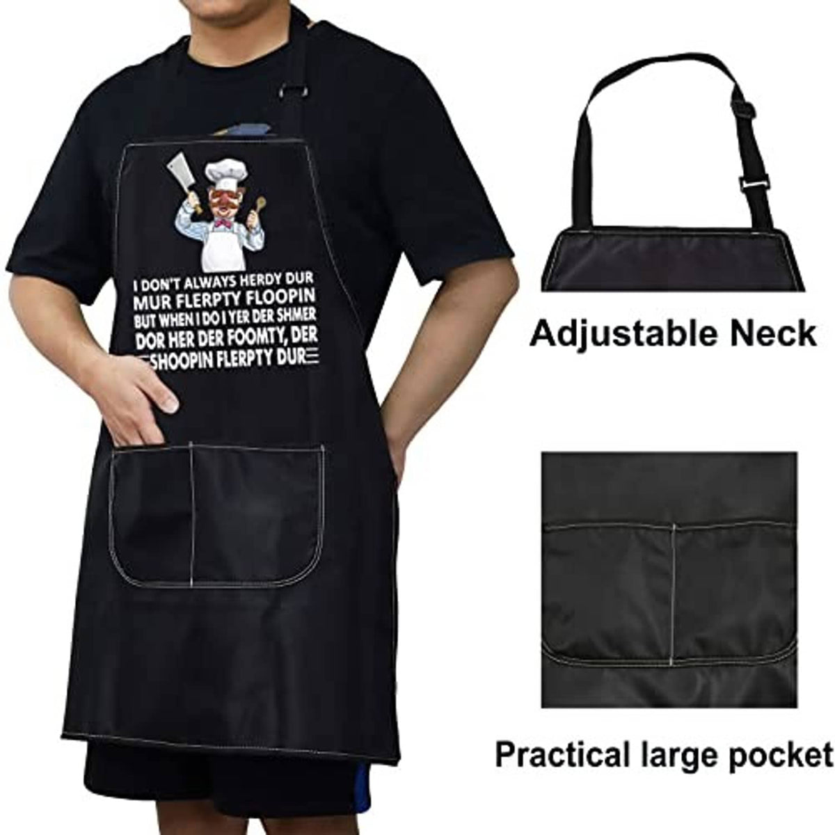 Black kitchen apron with adjustable neck and practical large pocket, chef graphic on chest.