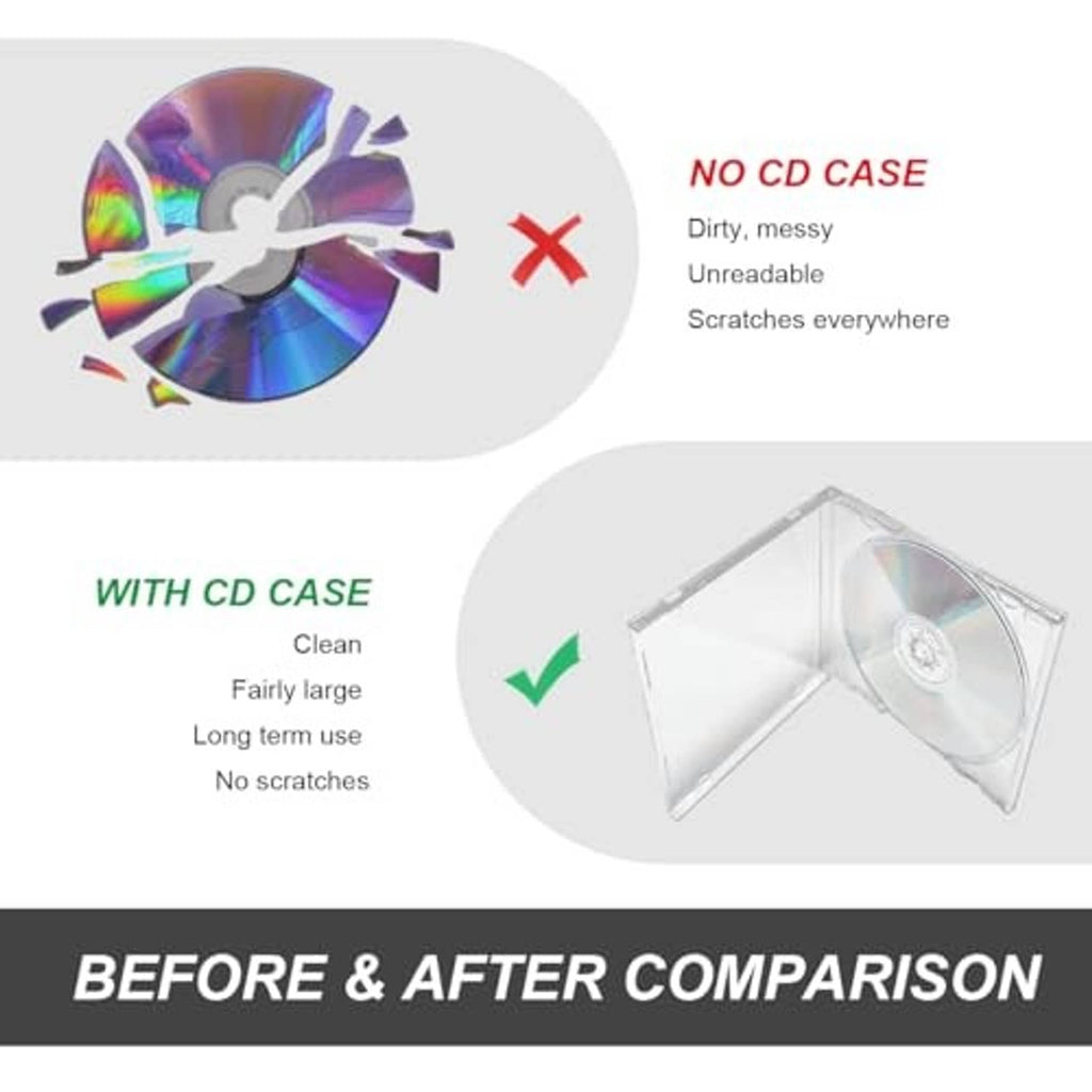 Clear CD jewel case holding a disc, before-and-after comparison graphic without case