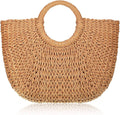 Woven straw tote bag with round open top handle, light brown