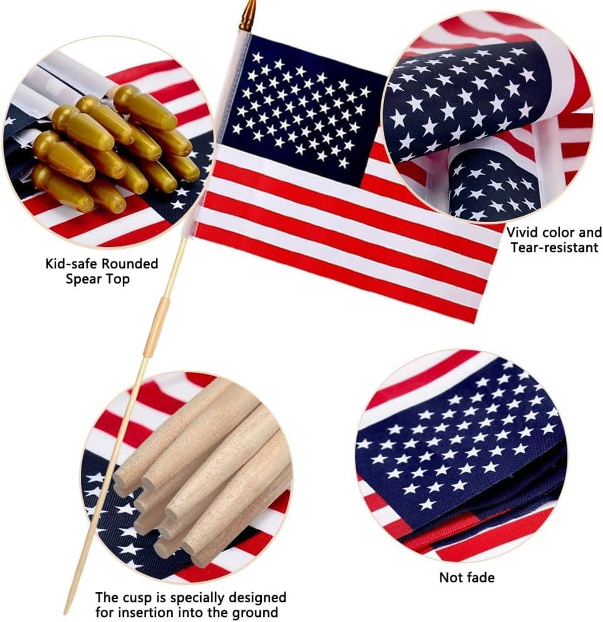 Small American flag lawn flag with spear-topped wooden stake, red stripes and blue stars