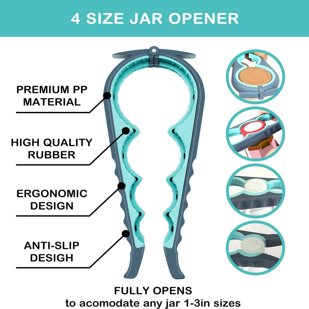 Blue jar opener with ergonomic handle and anti-slip textured grip for lids