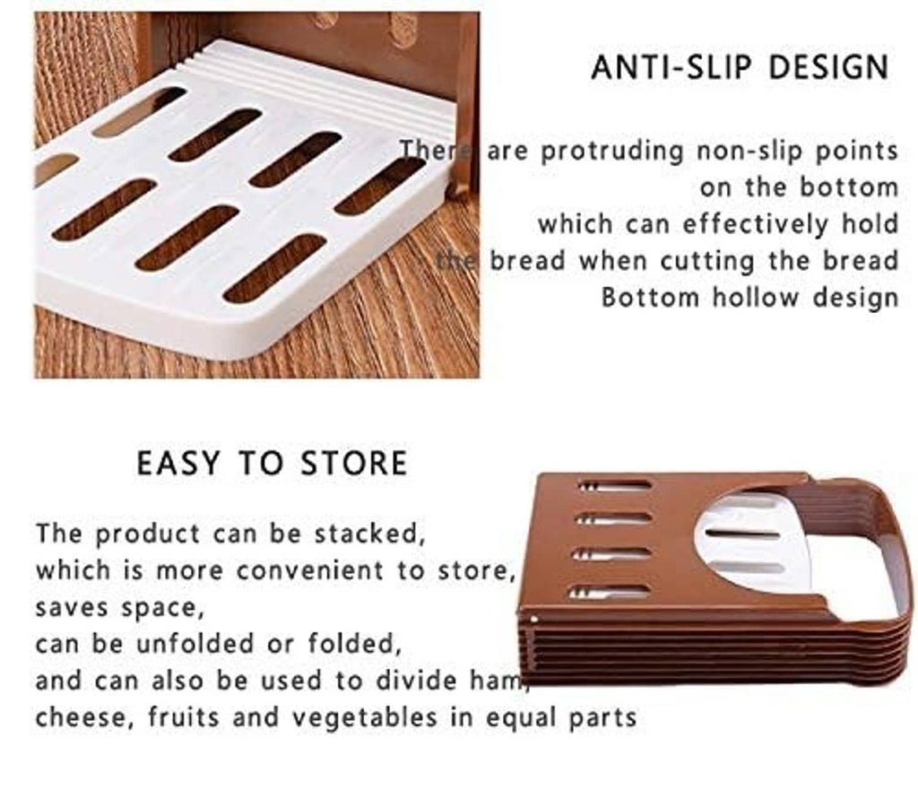 Brown and white bread slicing guide with anti-slip base design and storage stack view