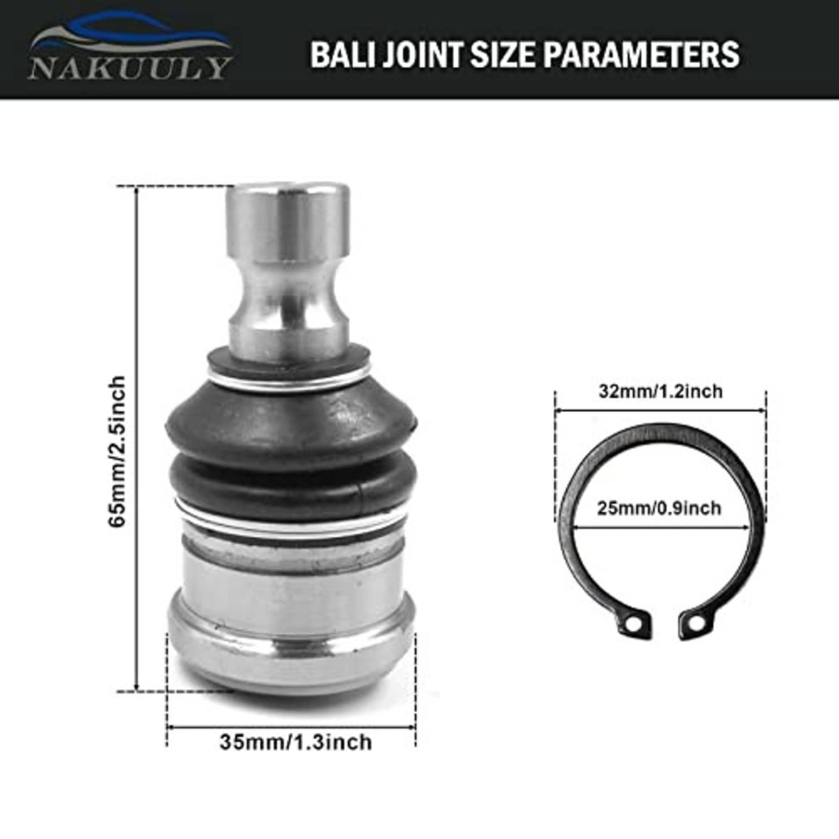 Single front ball joint with black rubber boot, chrome metal housing, and U-ring