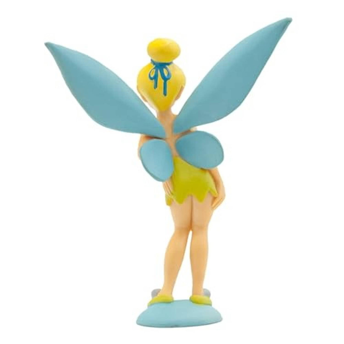 Yellow fairy toy figure with teal wings, back view, standing on blue base