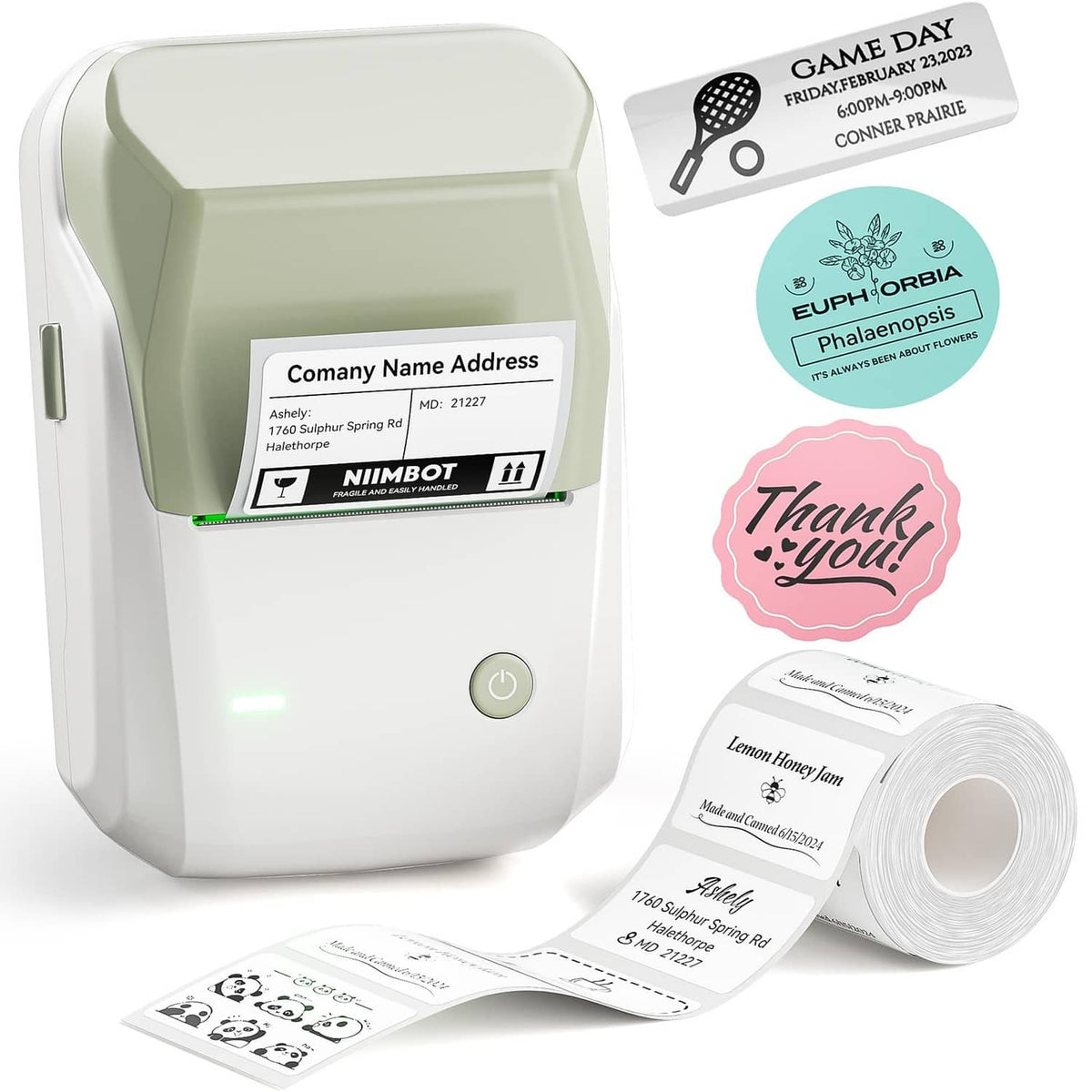 NIIMBOT B1 label maker with roll of 2-inch labels and printed sample label strip