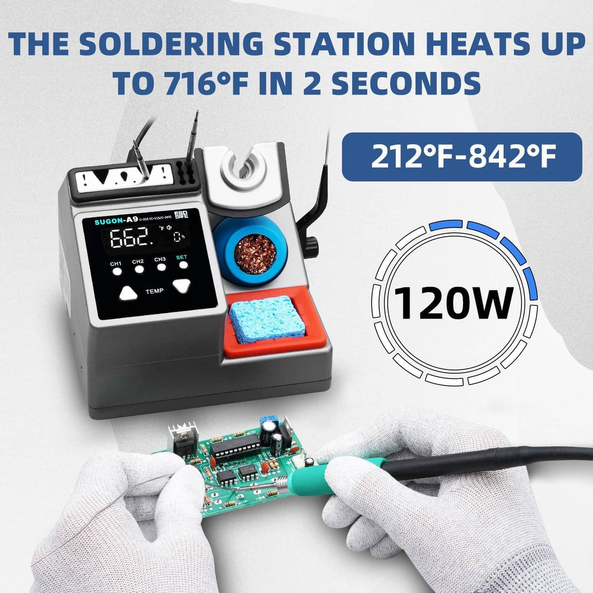 Digital soldering station heating and LCD readout with gloves holding a circuit board