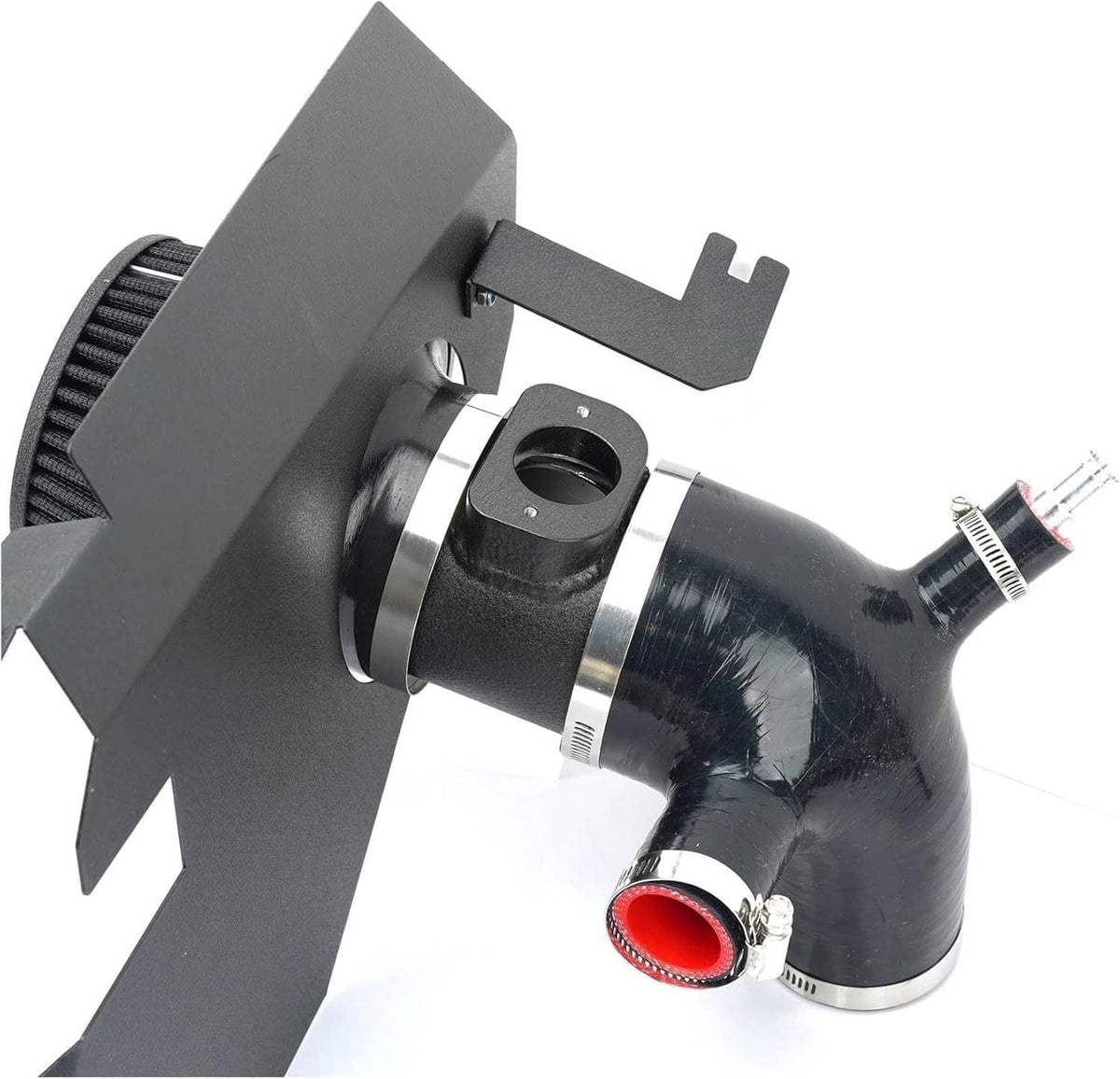 Black cold air intake cone filter with heat shield and intake tube, red outlet