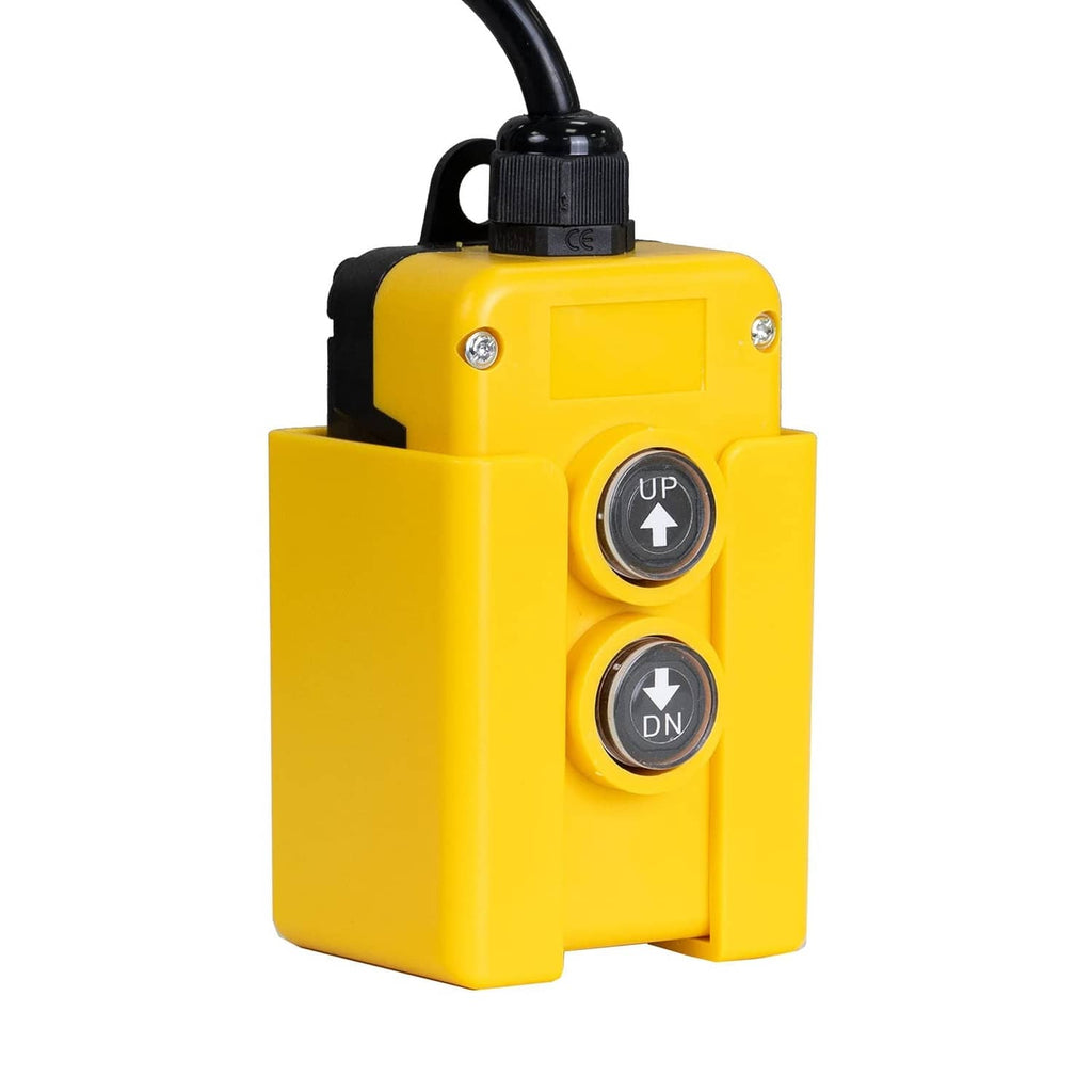 Yellow remote control switch with two round UP and DN buttons, side view