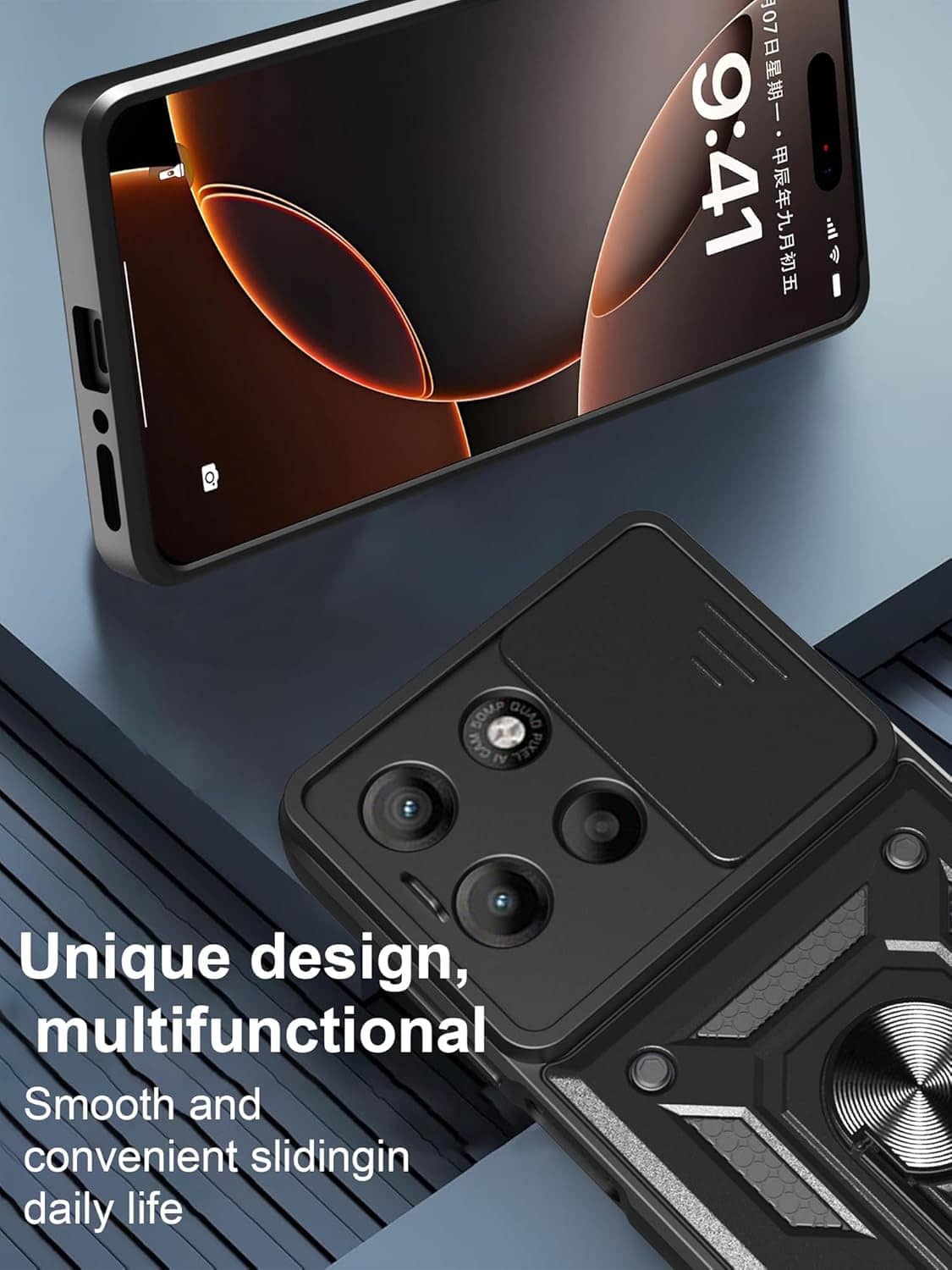 Black rugged phone case with ring stand and camera cutouts