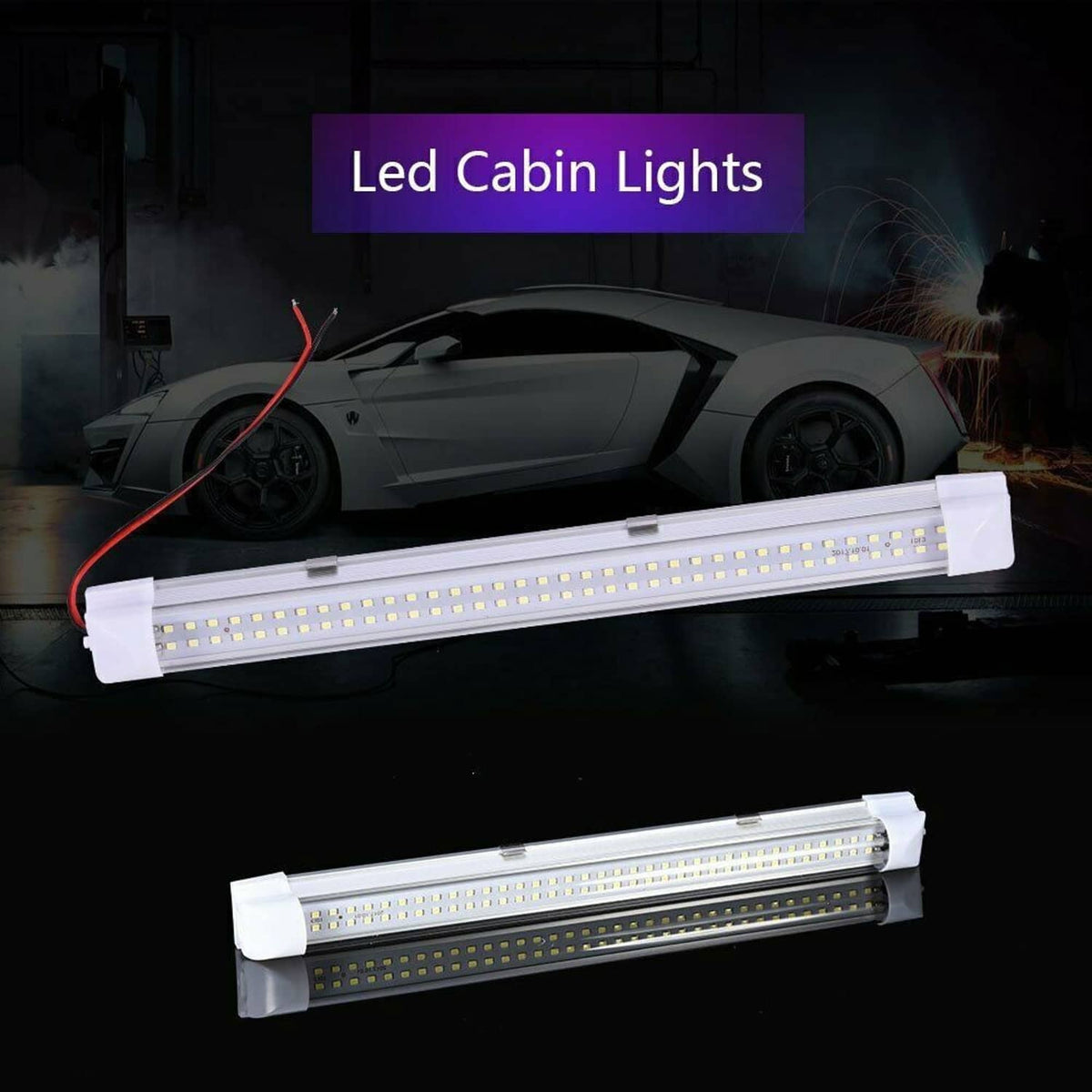 12V LED interior light bar with white housing and red/black wires