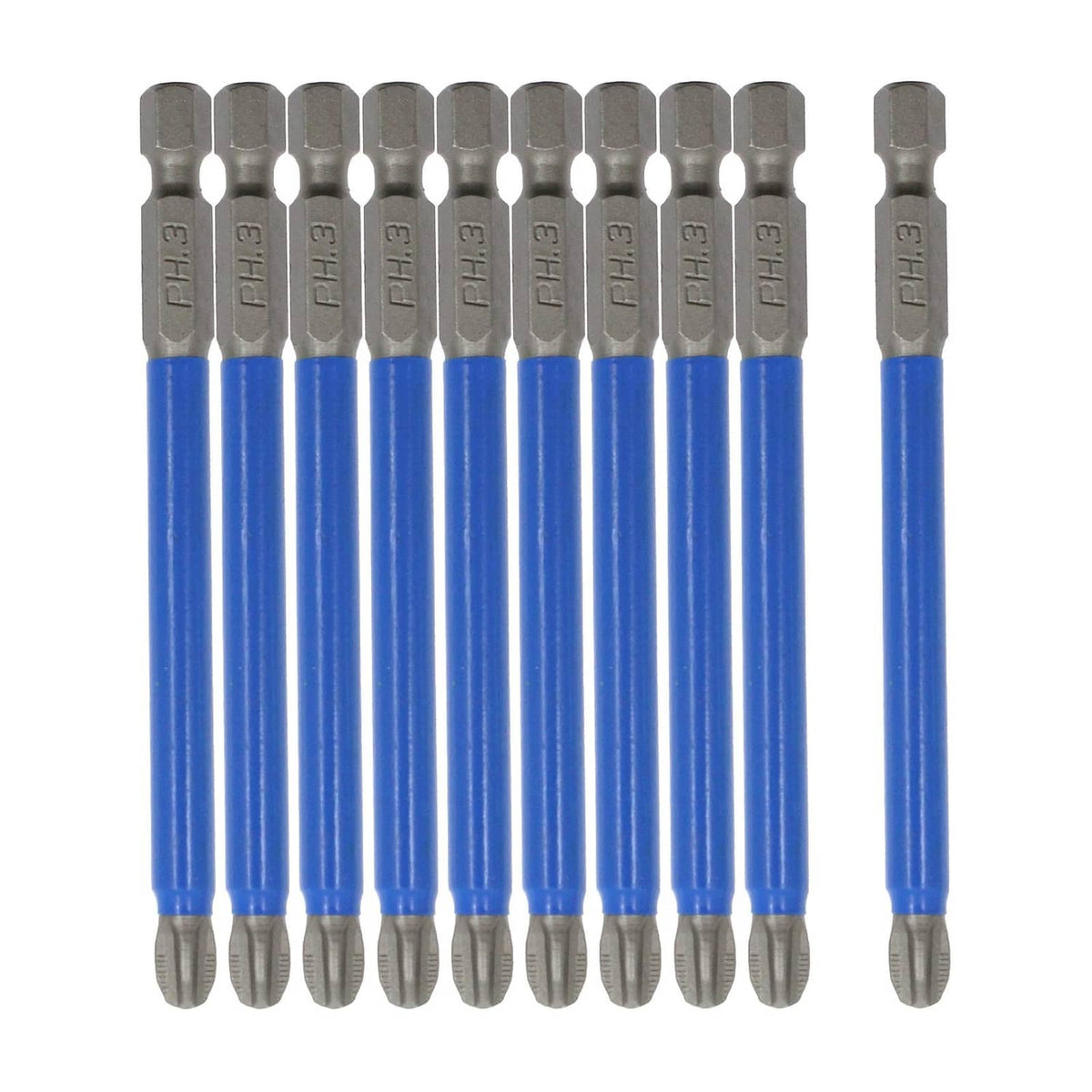 PH3 Phillips magnetic screwdriver bit set, blue shafts with gray hex shanks