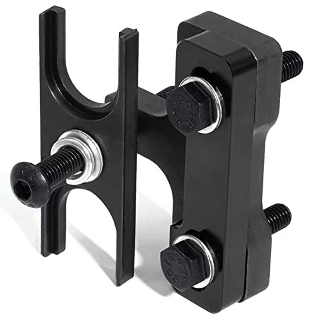 Black valve spring compressor set with two hex adapters, threaded bolts, and U-shaped yoke