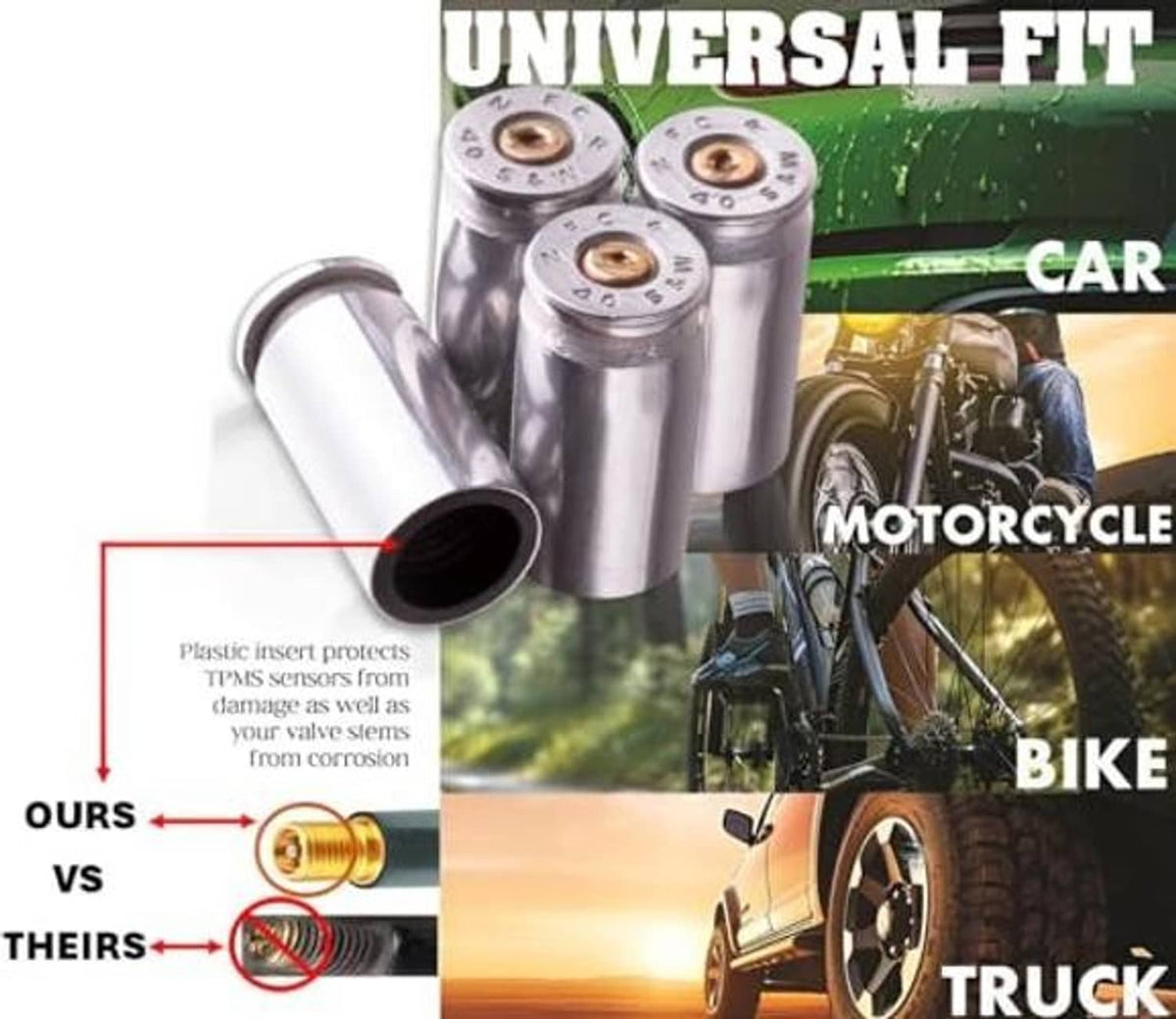 Nickel bullet-shaped tire valve stem caps with black plastic inserts, multi-pack view