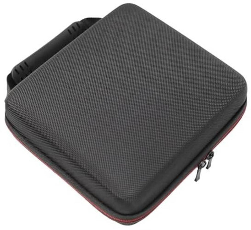 Hard shell carrying case, textured dark gray with red edge piping and zipper