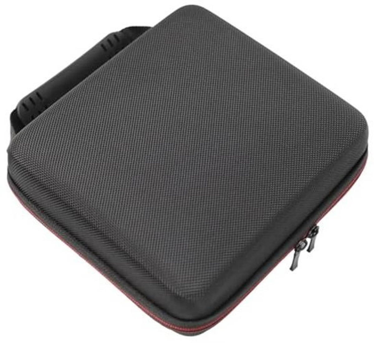 Hard shell carrying case, textured dark gray with red edge piping and zipper