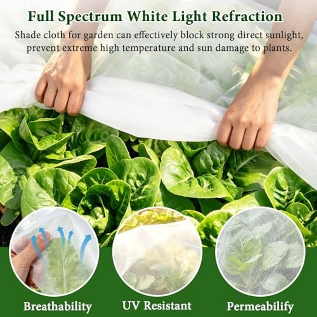 White shade cloth being pulled over garden plants; sheer netting covers the leaves.