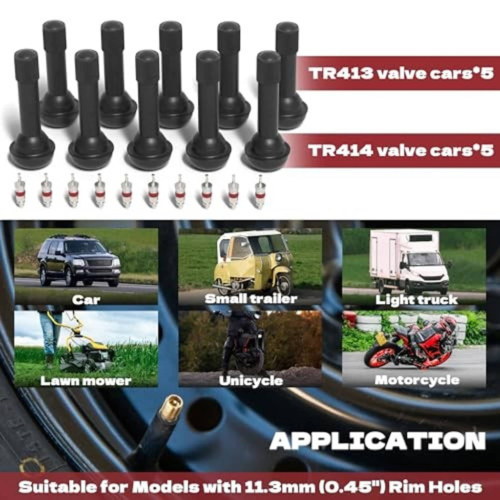 Pack of black tire valve stems with small red and white valve inserts