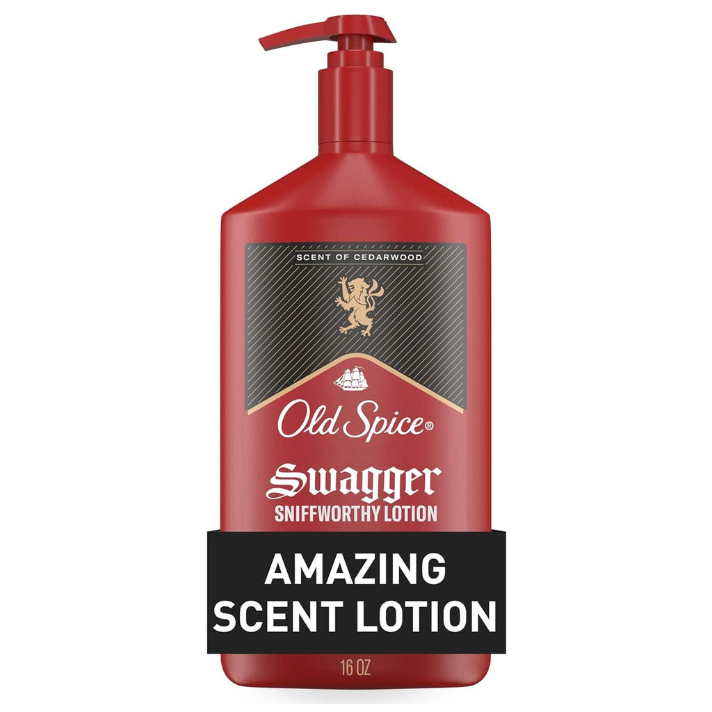 Red lotion pump bottle with Old Spice Swagger label and Amazing Scent Lotion, 16 oz