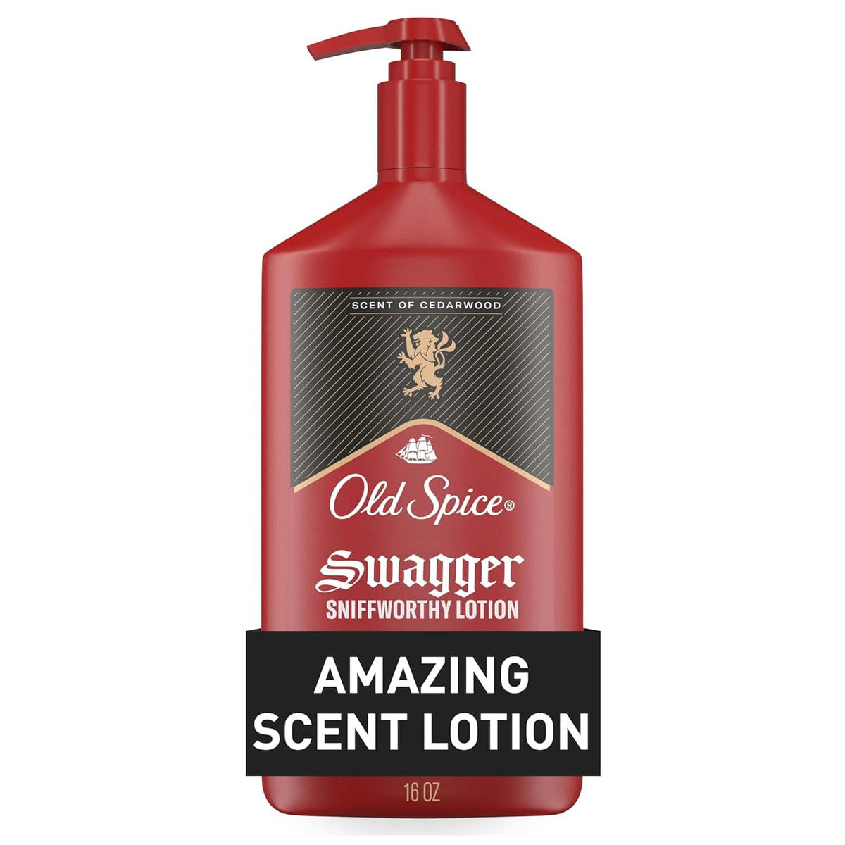 Red lotion pump bottle with Old Spice Swagger label and Amazing Scent Lotion, 16 oz