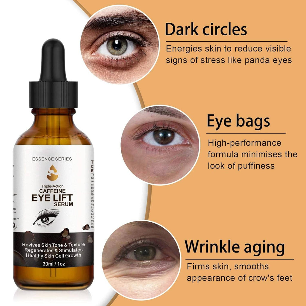 Caffeine eye serum bottle with black dropper shown next to eye close-up callouts